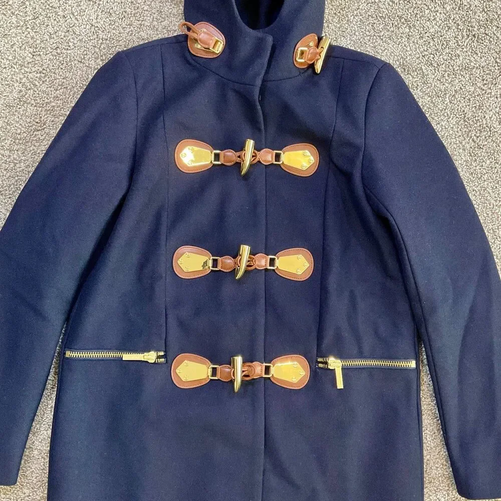 NEW Michael Kors Wool Hooded Duffle Coat Jacket Womens Small‎ Toggle Winter Blue